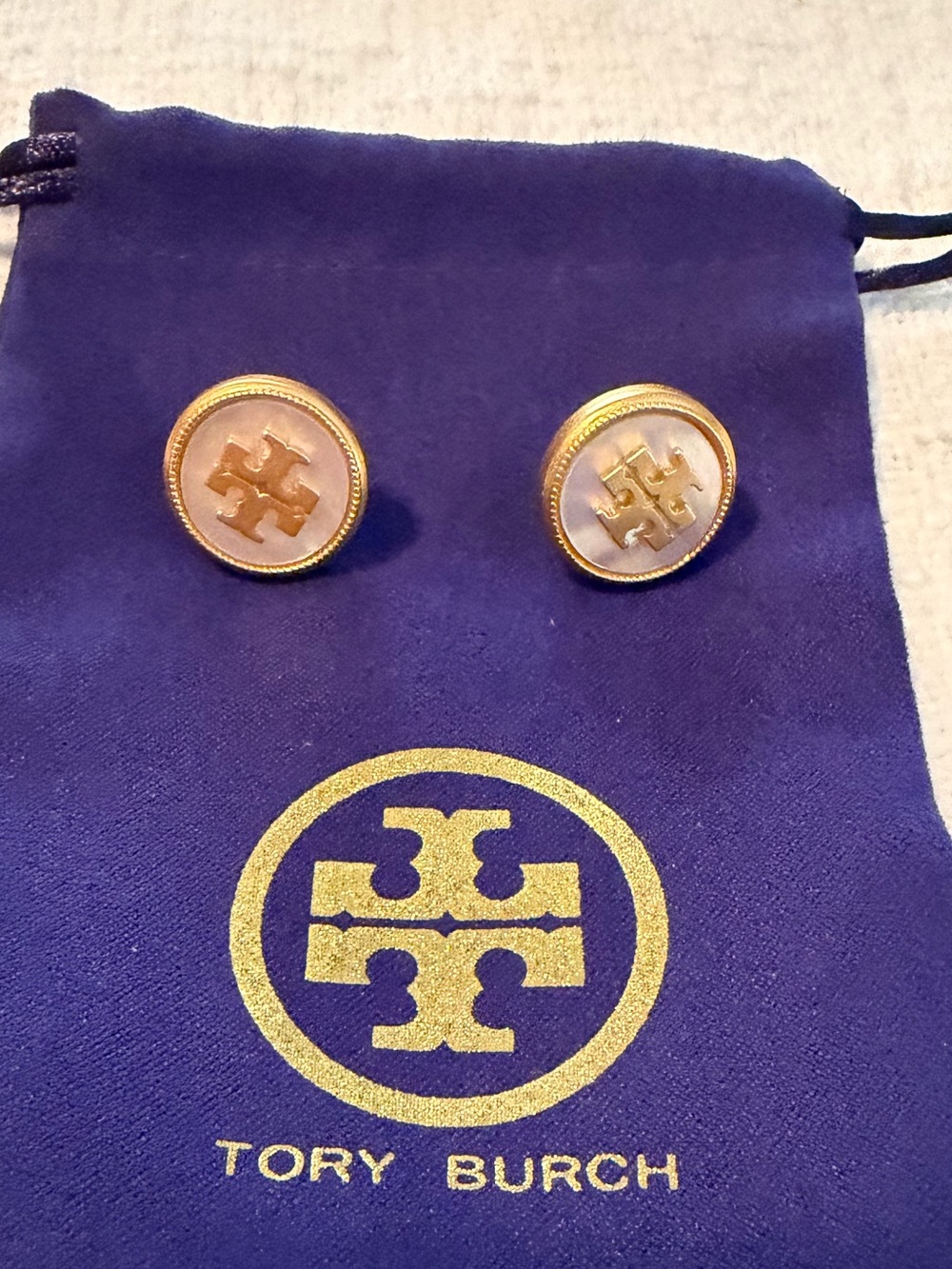 Tory Burch Gold and Pearl Enamel Round Logo Earrings